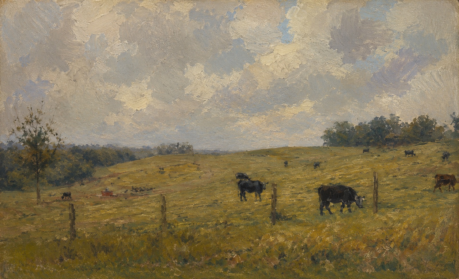 Pastoral landscape painting with grazing cows