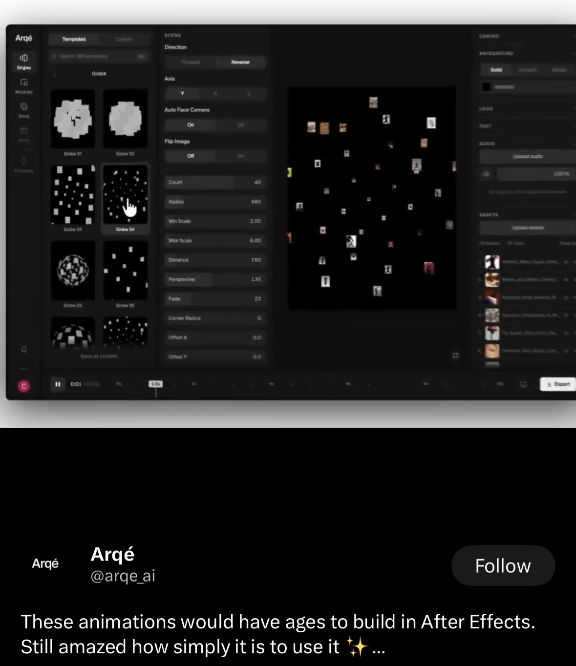 Arqé animation tool — Globe template UI