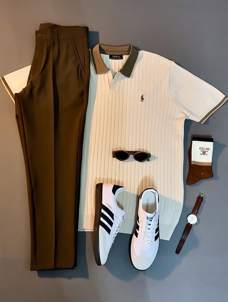 Men's outfit flatlay — Polo shirt, olive trousers, Adidas Samba