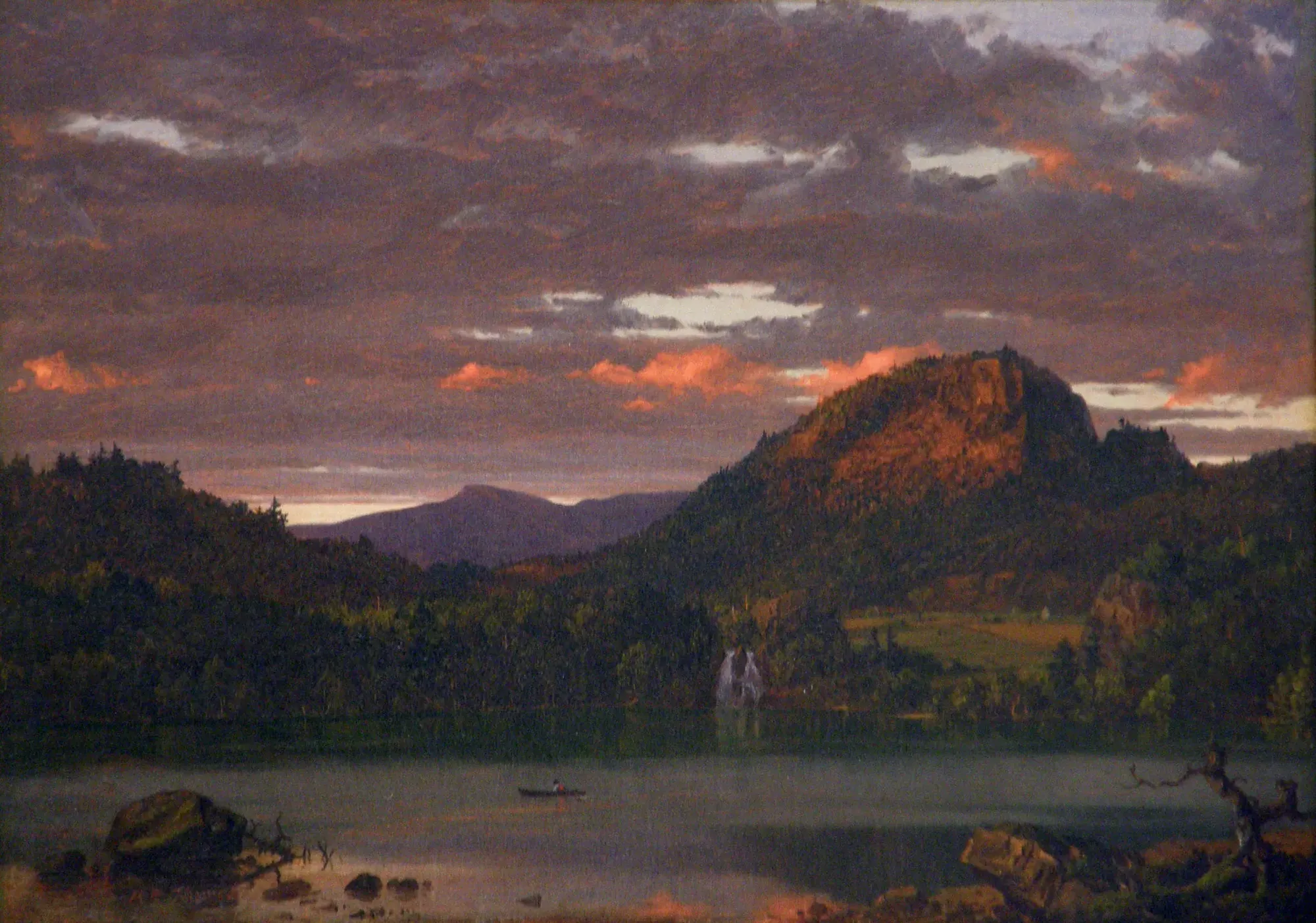 Hudson River School landscape painting at sunset