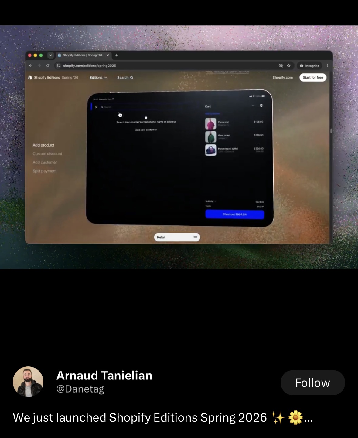Tweet by Arnaud Tanielian announcing Shopify Editions Spring 2026