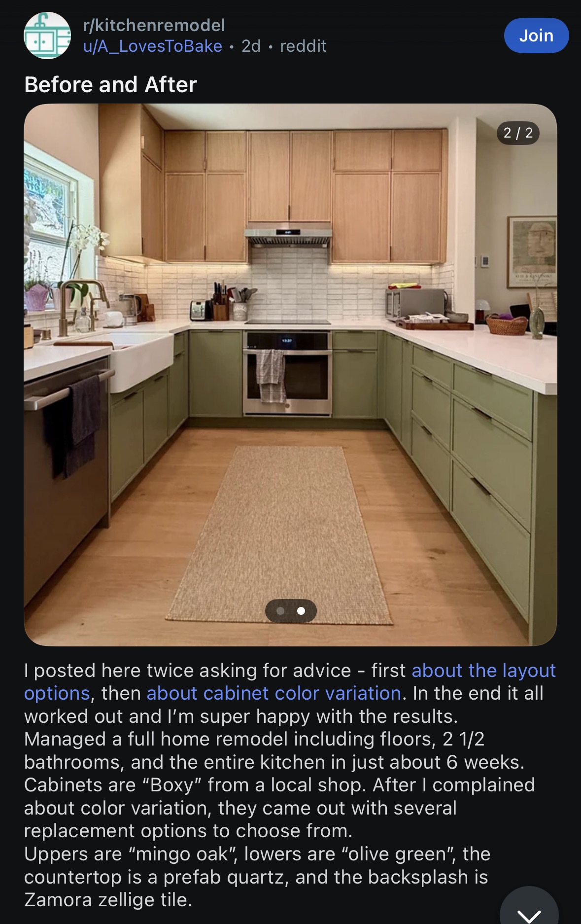 r/kitchenremodel Before and After post with olive green and oak cabinets