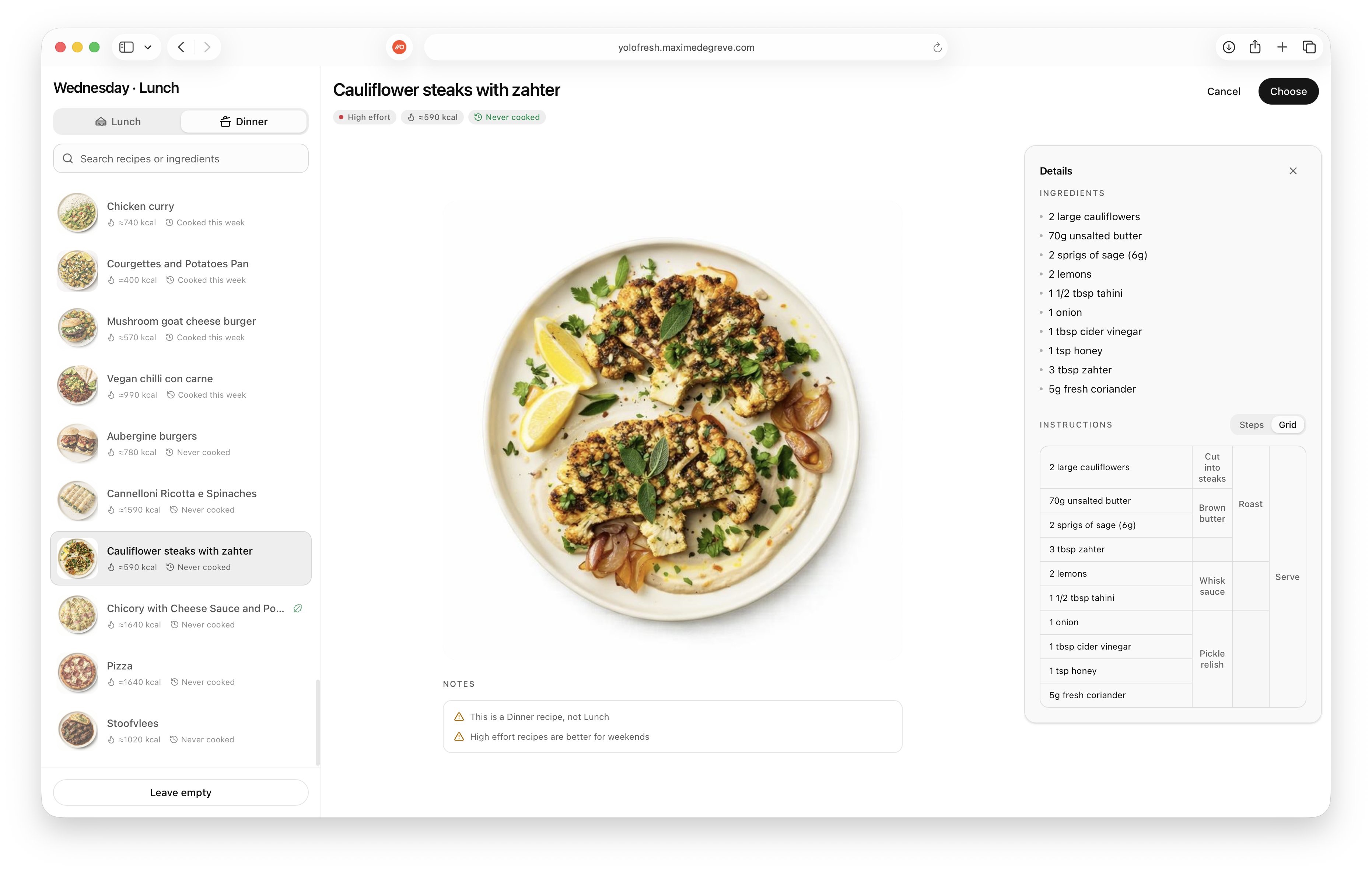 YoloFresh meal planning app — Cauliflower steaks recipe