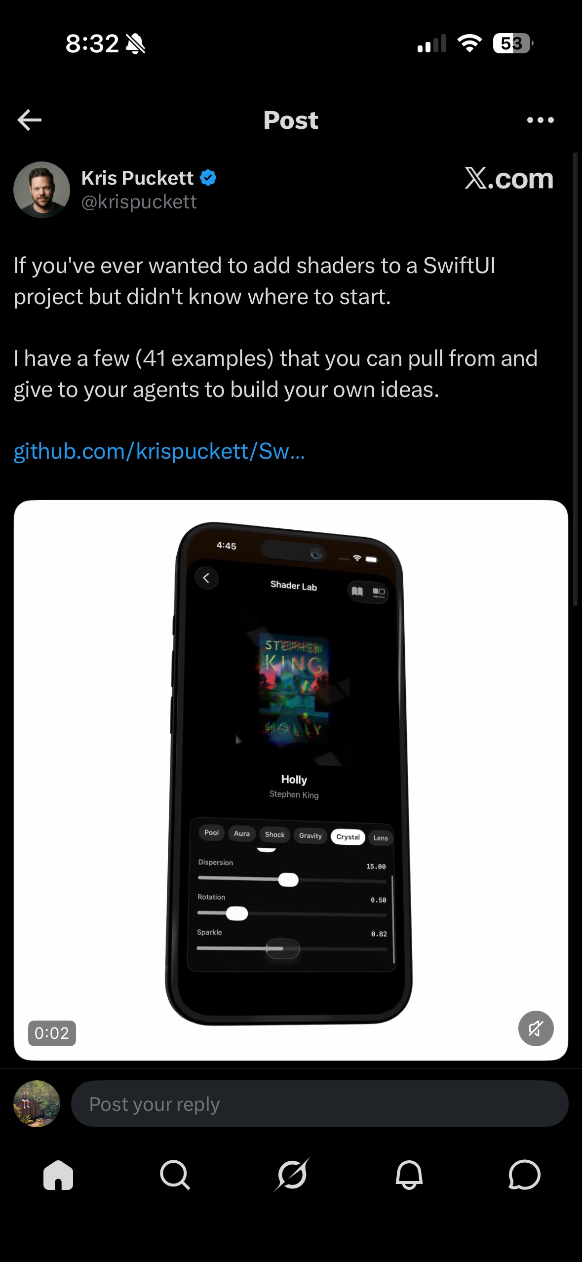 Tweet by Kris Puckett about SwiftUI shader examples
